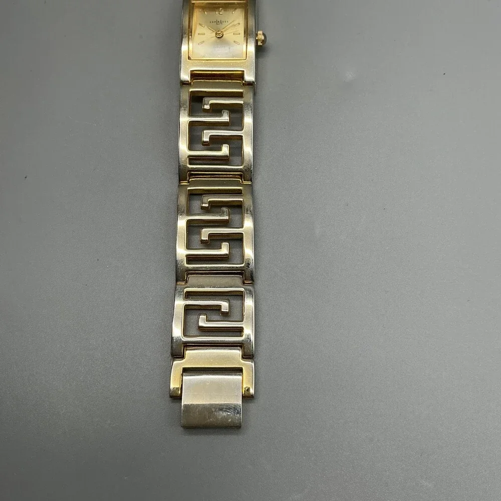 LA Express Womens Watch 18mm Gold Tone Greek Key Bracelet New Battery 7.5